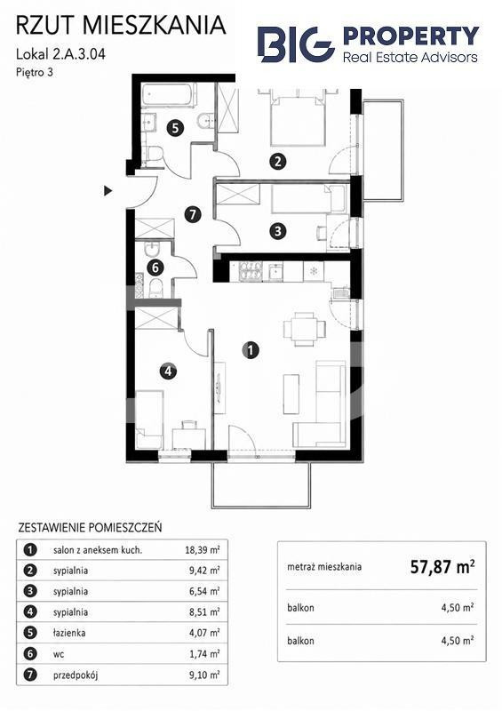 Mieszkanie 4-pokojowe, 58 m²