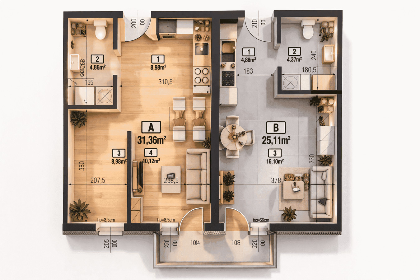 Mieszkanie- dwupak, 2 pokojowe + kawalerka, 59 m², cena promocyjna - Widok 3