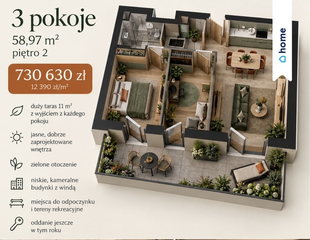 3 pokoje z dużym tarasem 11 m² | Winda | Bez PCC i prowizji