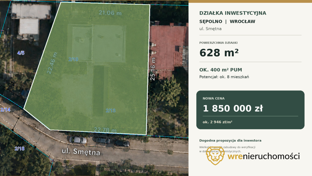 Działka pod zabudowę wielorodzinną PUM ok. 400m2