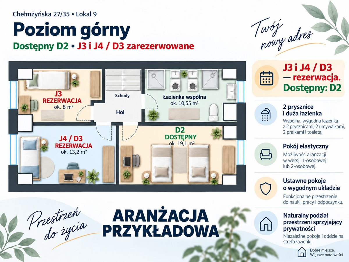 REZERWACJA!!! Pokój D2 jak mini kawalerka 19,1 m² dla 2 osób | 1095 zł/os. AL - Widok 3